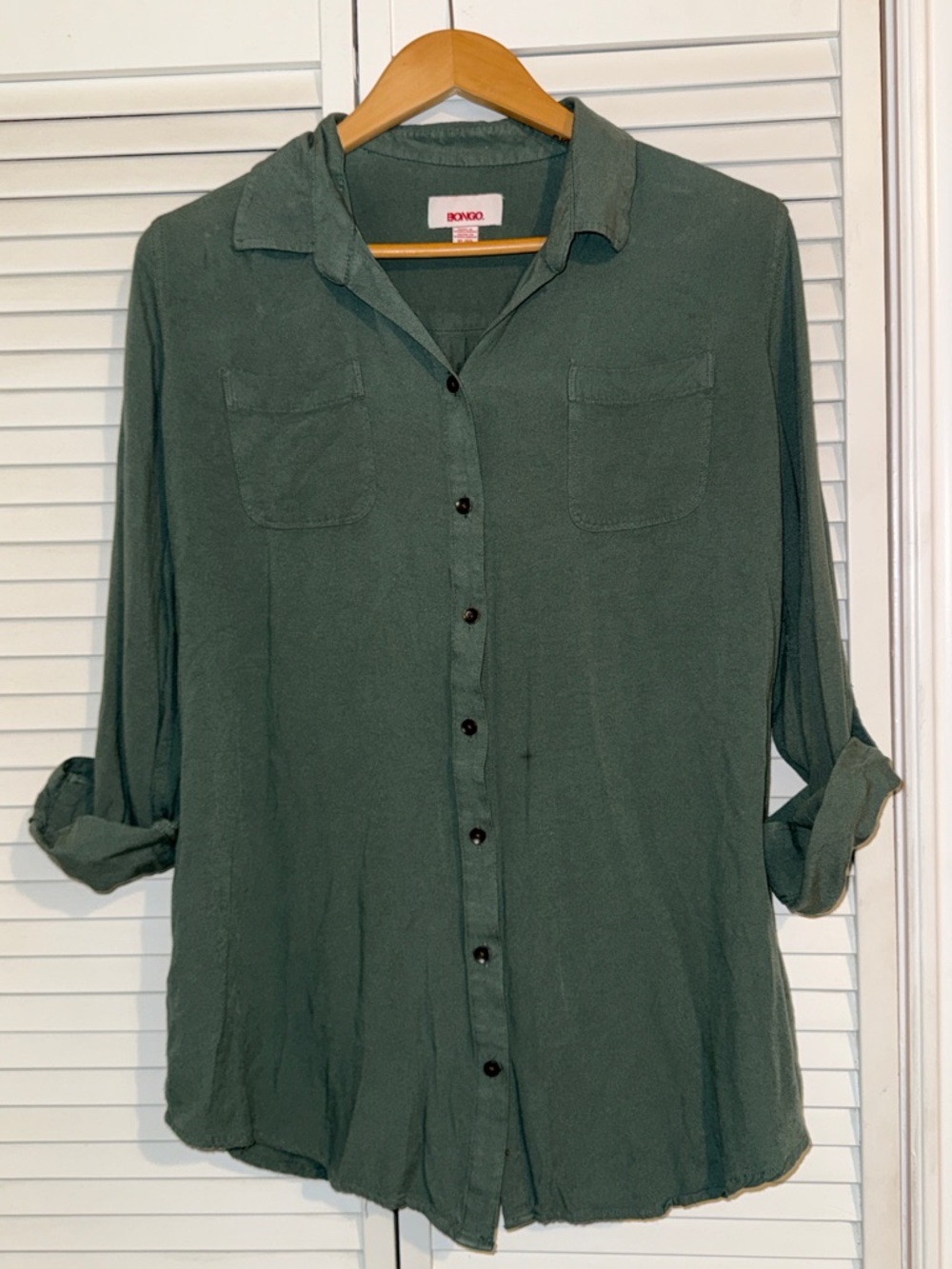 BONGO Dark Olive Roll-Sleeve Button Front Shirt - XL